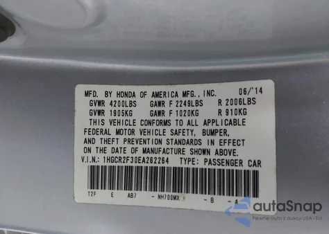 2014 Honda Accord Lx z USA, uszkodzony, nr VIN 1HGCR2F30EA262264
